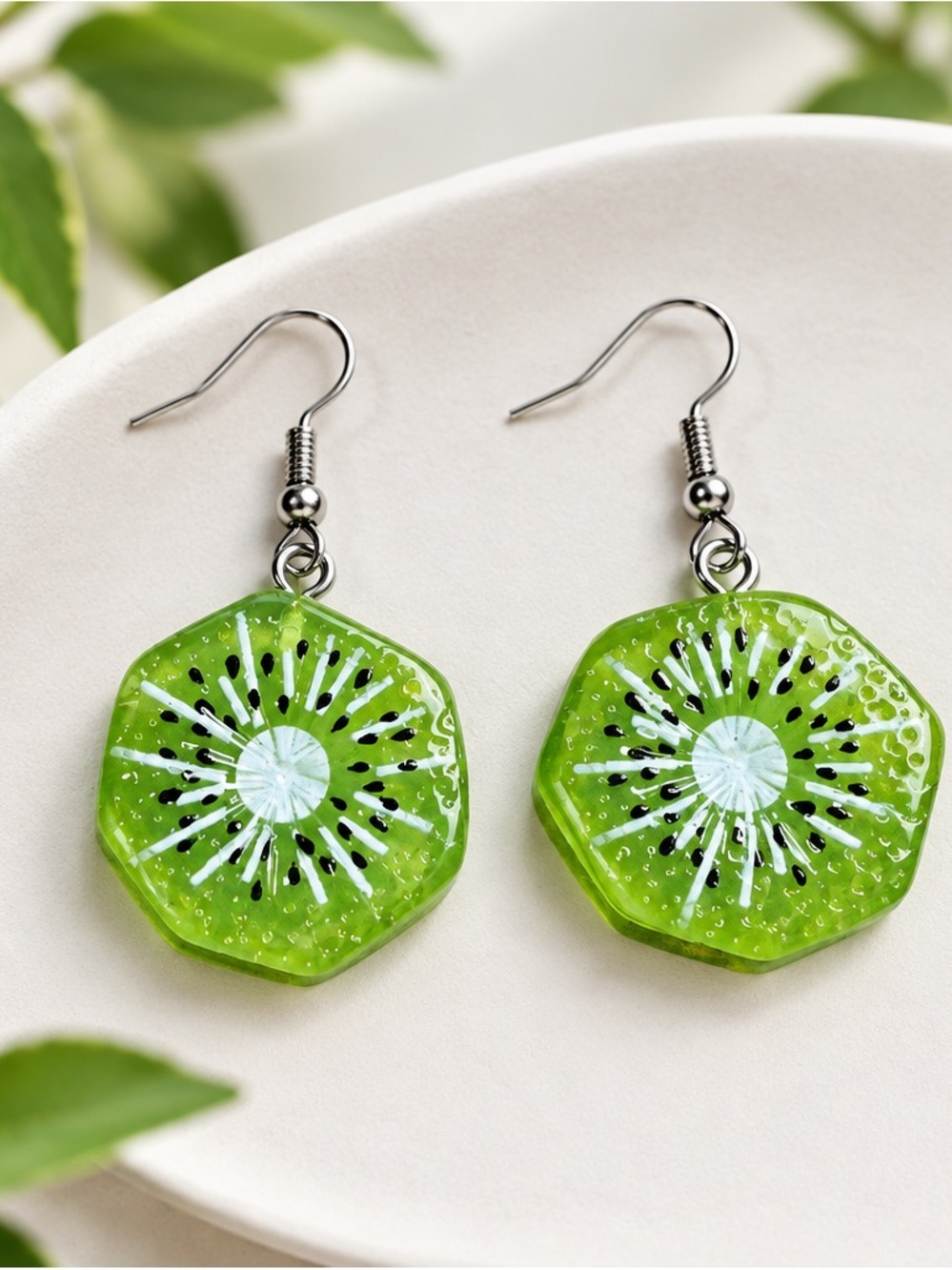 Fashion Jewelry Green Kiwi Slice Dangle Earrings